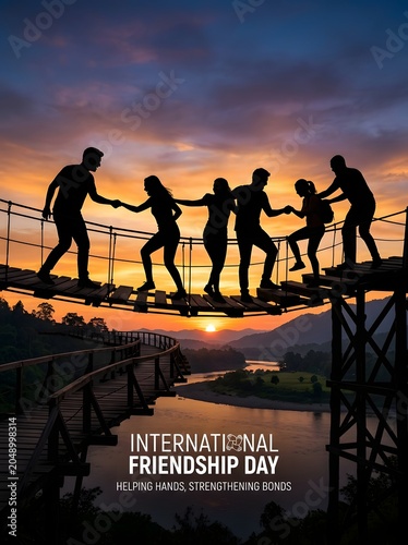 International friendship day celebration with friends on a suspension bridge