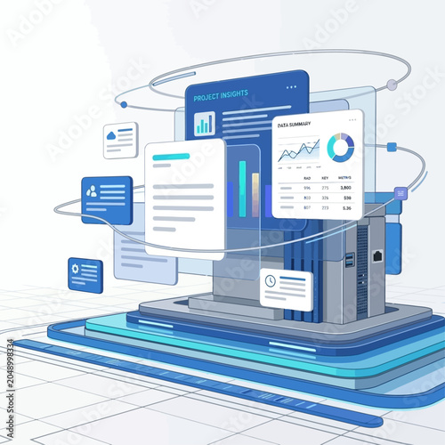 Fotografie A futuristic illustration of a computer generating various digital documents and graphs on a sleek, modern platform