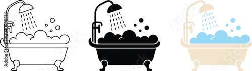 Photos Bathtub with soap foam icon featuring shower and bubbles vector illustration, soapy water symbol, foaming water sign, hygiene pictogram, and bath silhouette design