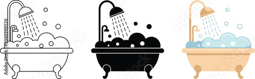 Photos Bathtub with soap foam icon featuring shower and bubbles vector illustration, soapy water symbol, foaming water sign, hygiene pictogram, and bath silhouette design