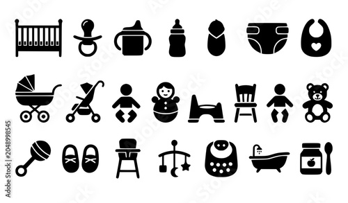 Photos Baby Nursery Pictogram Vector Set in Solid Black with Infant Care and Toy Icons