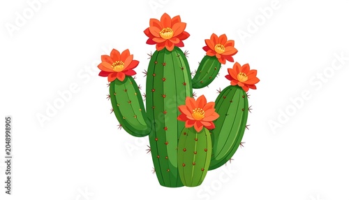 Illustration of a green cactus with vibrant orange flowers blooming
