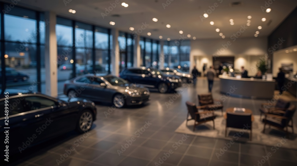Obraz premium blurred car dealership showroom luxury automotive retail store interior modern vehicle sales floor bokeh background transport service