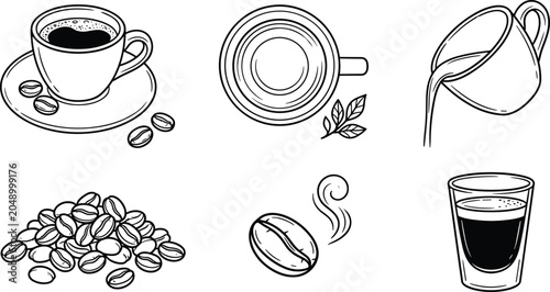 Coffee and Espresso Icon Collection Featuring Coffee Cup, Roasted Beans, Pouring Brew, Espresso Shot, and Café Beverage Elements