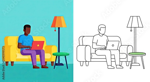 Young black man working on laptop while sitting on a yellow sofa  