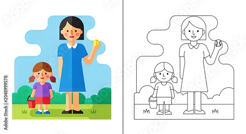 Mother and daughter enjoying a snack outdoors in a colorful illustration  