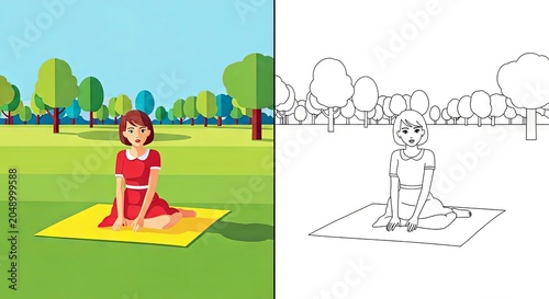 Young woman practicing yoga on mat in outdoor park setting  