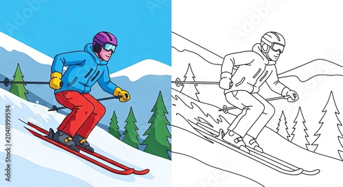 Colorful skier descending mountain slope against a blue sky  