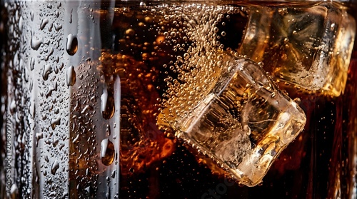 Macro shot of ice cubes melting in amber liquid with fizz