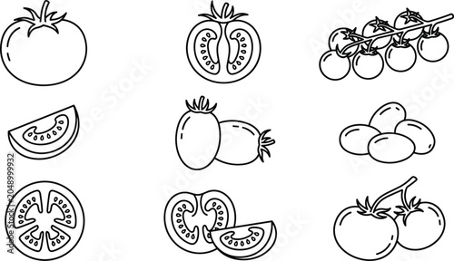 Tomato and Cherry Tomato Icon Collection Featuring Whole, Sliced, and Fresh Garden Produce for Food and Agriculture Designs