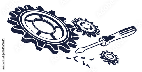 Set of industrial gears and screwdriver tool for mechanical maintenance repair with screwdriver machinery mechanical engineering maintenance industry industrial cogwheel