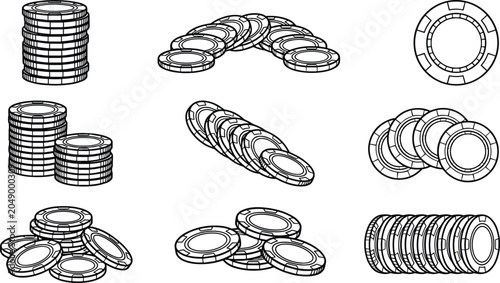 Tableau sur toile Casino Poker Chip Collection Featuring Stacked Gaming Tokens, Gambling Accessori