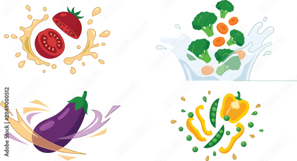 Obraz premium Fresh Vegetable Splash Collection Featuring Tomato, Eggplant, Broccoli, Bell Pepper, and Healthy Organic Food Illustrations