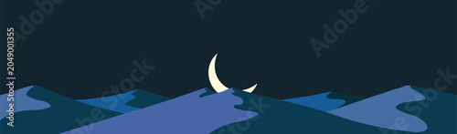 Fotografija A minimalist vector illustration of a crescent moon rising over dark blue desert sand dunes at night