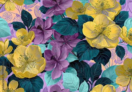 Seamless botanical pattern with yellow and purple flowers on light background. Decorative floral wallpaper with stylized petals and leaves. Artistic textile print for interior design.