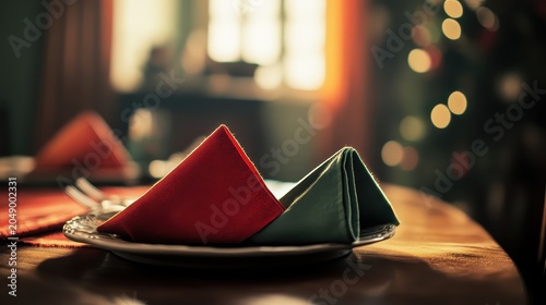A festive Christmas dinner table set with folded red and green napkins on a plate, evoking a cozy and warm ambiance.