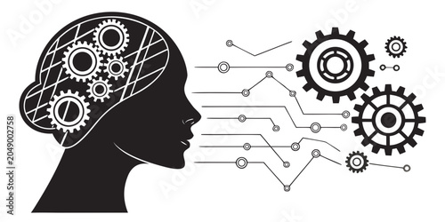 Photos Profile silhouette of head with internal gears and external electronic circuitry