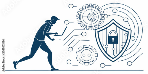 Bilde på lerret Hacker using laptop trying to bypass digital security shield lock with gears cyb