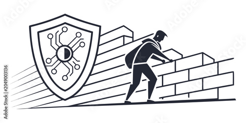 Slika na platnu Data breach and firewall security concept showing a masked figure climbing over