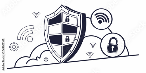 Принти на полотні Cloud data security and wireless protection concept with a central shield icon f