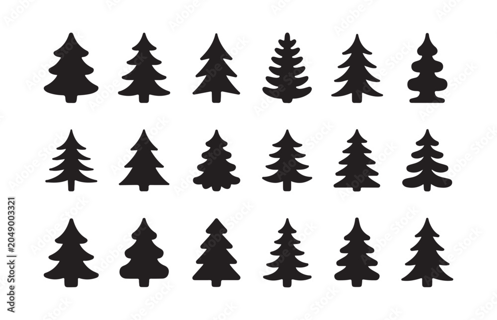 Obraz premium Assorted pine tree silhouettes collection for forest and winter holiday seasonal design projects.