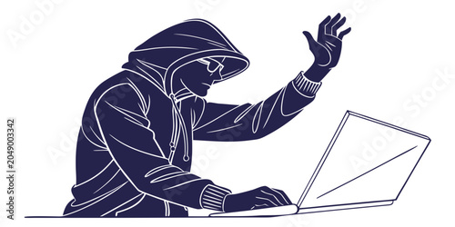 Schilderij op canvas Hacker in hoodie using laptop cyber attack conceptual graphic with cybersecurity