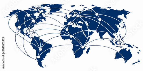 Foto Global logistics network lines connecting major world regions on dark map with l