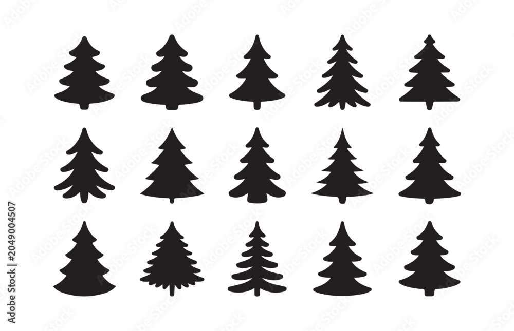 Obraz premium Set of minimalist black christmas tree silhouettes for holiday design and winter forest concepts.