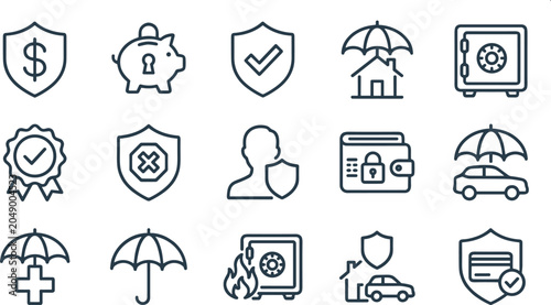 Bild auf Leinwand Insurance Security Icon Set with Shield Dollar Piggy Bank Umbrella Home Safe Car