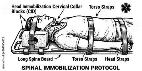Photos EMS Spinal Immobilization Etching Black White-Collar Board Strap Head Block-Trau
