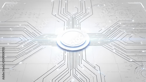 Futuristic white technology interface with glowing light portal.