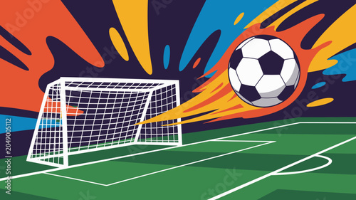 Fotografía Soccer ball approaching a goalpost with a stylized background in a vibrant vecto