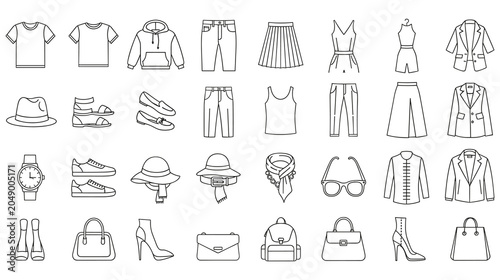 Foto Fashion clothing collection line art vector set for wardrobe inventory