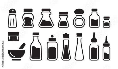 Cuadro en lienzo Kitchen condiment bottles and shakers for spices and sauces in graphic design