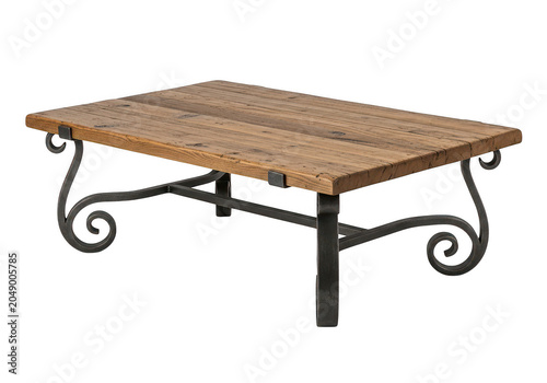 Rustic wooden coffee table with metal legs.