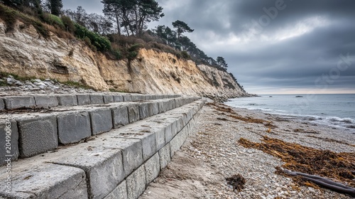 Dramatic coastal erosion showcases sea level rise damage with concrete sea wall and cliff face under overcast skies