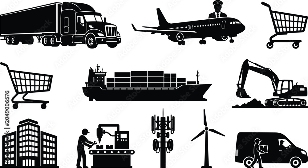 Obraz premium Collection of logistics and industrial silhouettes with vehicles, drones, ships, cranes, and warehouse equipment
