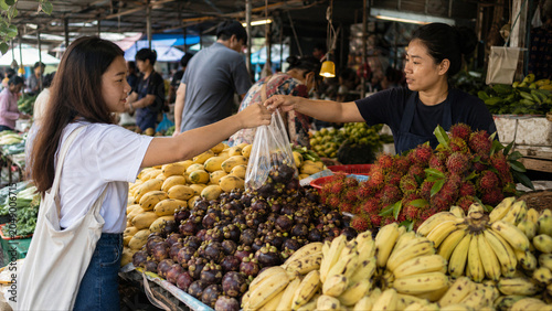 Customer Buying Fresh Fruit at Busy Local Market