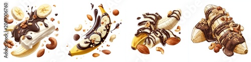 Banana dessert chocolate nut slice syrup cream snack sweet topping banana dessert chocolate nut slice syrup cream snack sweet topping cascading over fresh fruit decadent banana chocolate dessert