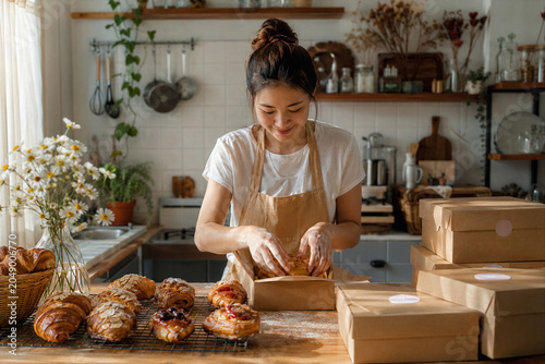 Small Bakery Packing Pastries for Customer Orders