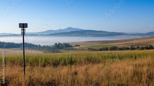 Expansive rural landscape with rolling hills, agricultural fields, and a distant mountain range shrouded in morning fog.
