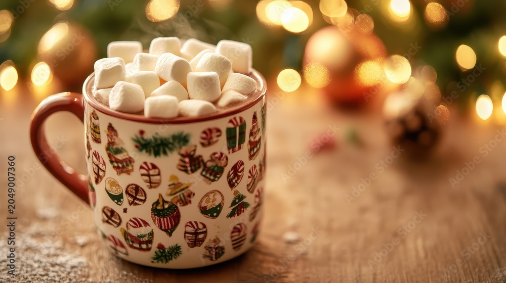Fototapeta premium Festive Christmas Hot Chocolate Overflowing with Marshmallows in a Holiday Mug with Soft Bokeh Lights