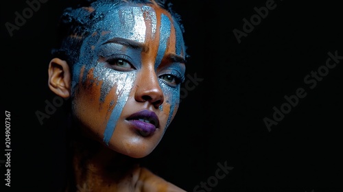 Close up portrait of woman with metallic blue face paint. Artistic makeup with silver streaks and purple lips on black background. Creative fashion photography