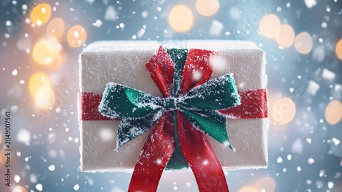 Festive Holiday Gift Box Wrapped with Red and Green Ribbons in Gentle Snowfall