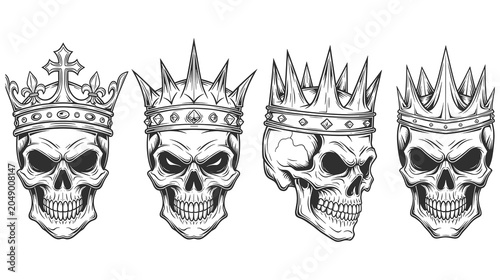 Foto Four detailed black and white skull illustrations wearing crowns.
