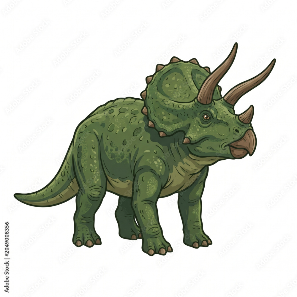 Fototapeta premium Green Triceratops dinosaur illustration side view isolated on white background