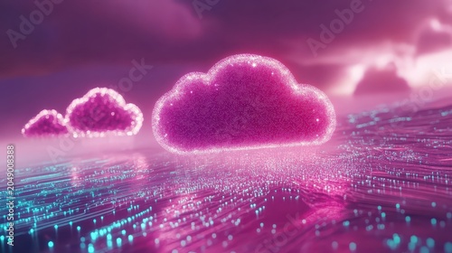 Luminous cloud computing networks with vibrant purple lighting and dynamic digital connections, symbolizing futuristic technology and data flow.