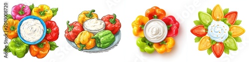 Colorful bell pepper vegetable snack fresh appetizer yogurt dip salad dressing healthy food sliced pepper summer party white background watercolor style crunchy organic vegetarian vegan diet
