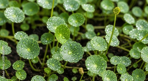 Closeup of centella asiatica leaves covered in water droplets in a garden