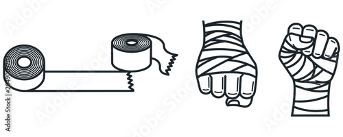 Set of outline hand wrap icons for boxing martial arts or combat training.